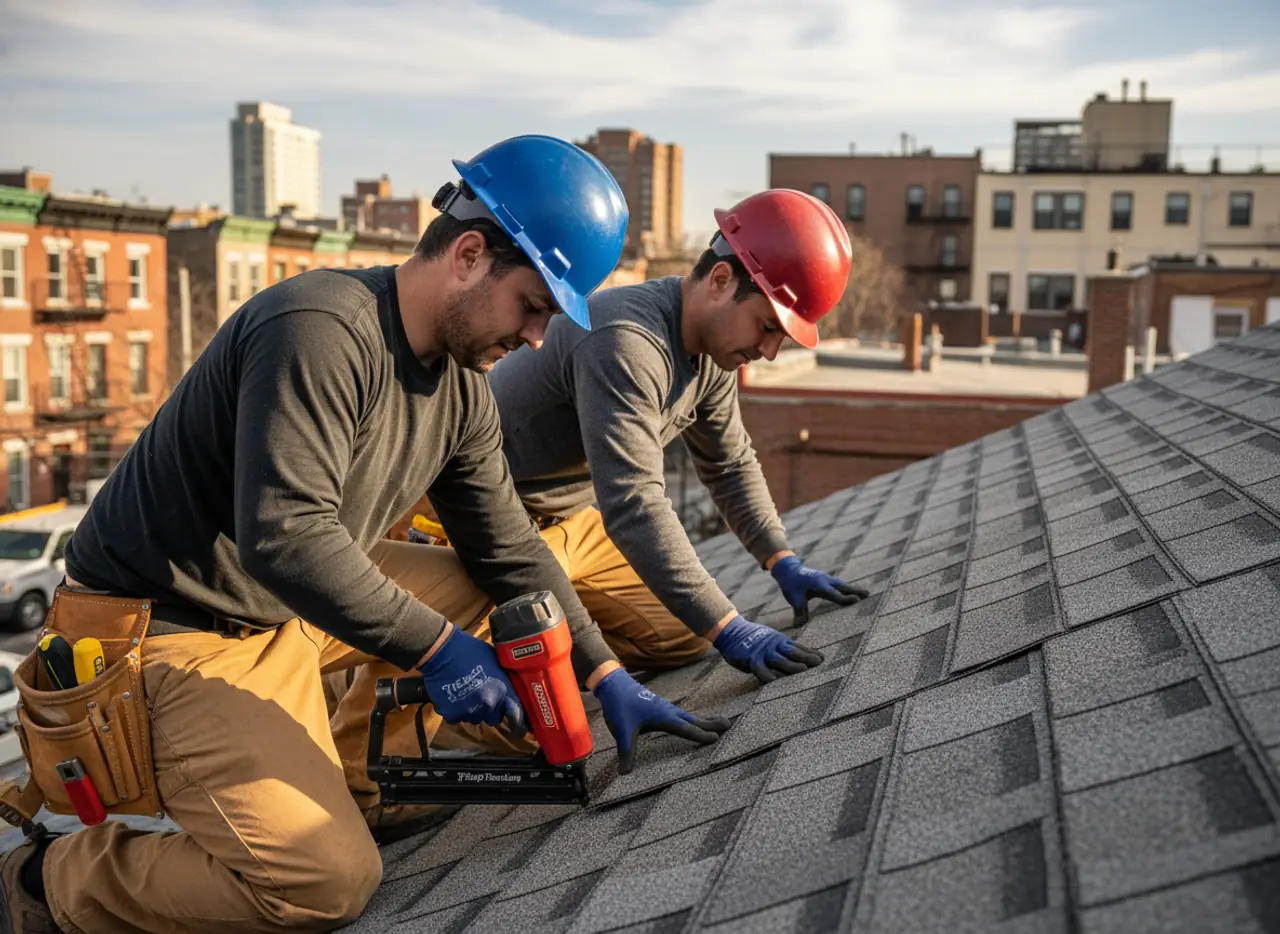 A skilled roofer from TipTop Roofing Williamsburg thoroughly installing new shingles on a residential property.