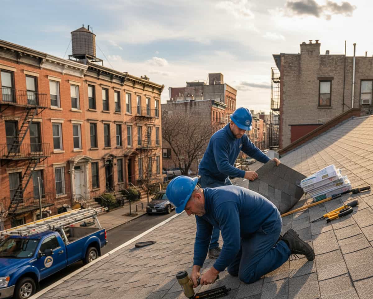 Licensed and insured roofers working on a residential shingle roof in Williamsburg, Brooklyn.