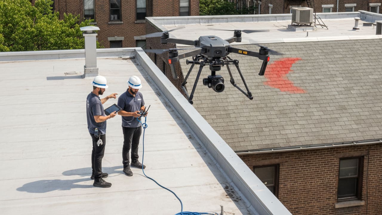 Drone inspecting a roof, representing automated vs manual inspection methods for property ROI.