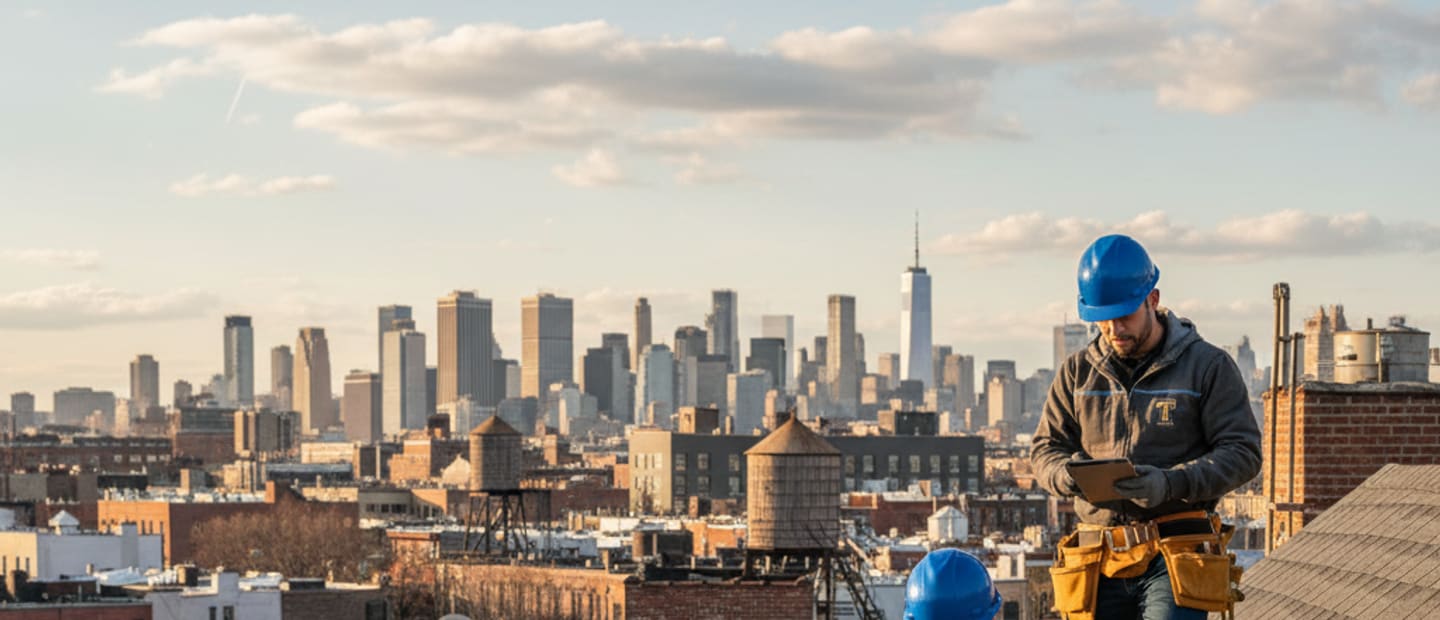 Professional roofers inspecting a residential roof in Williamsburg, Brooklyn, with the cityscape in the background