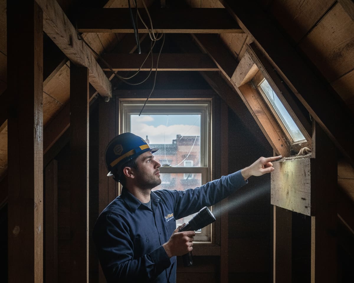 A TipTop Roofing technician performing a detailed attic inspection in a Bedford-Stuyvesant home.