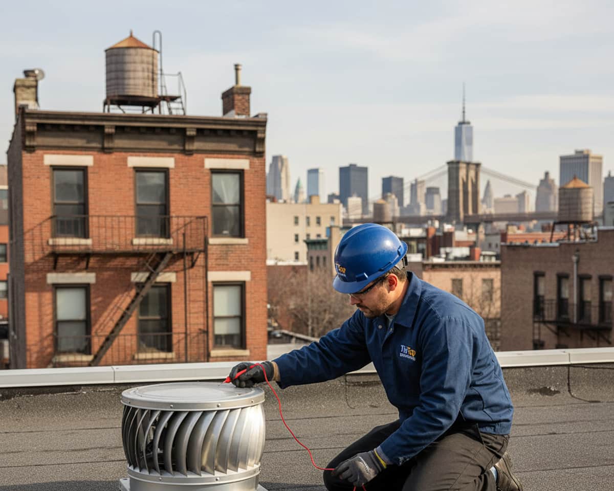 TipTop Roofing technician inspects an attic ventilation fan on a Brooklyn home, ensuring top performance.