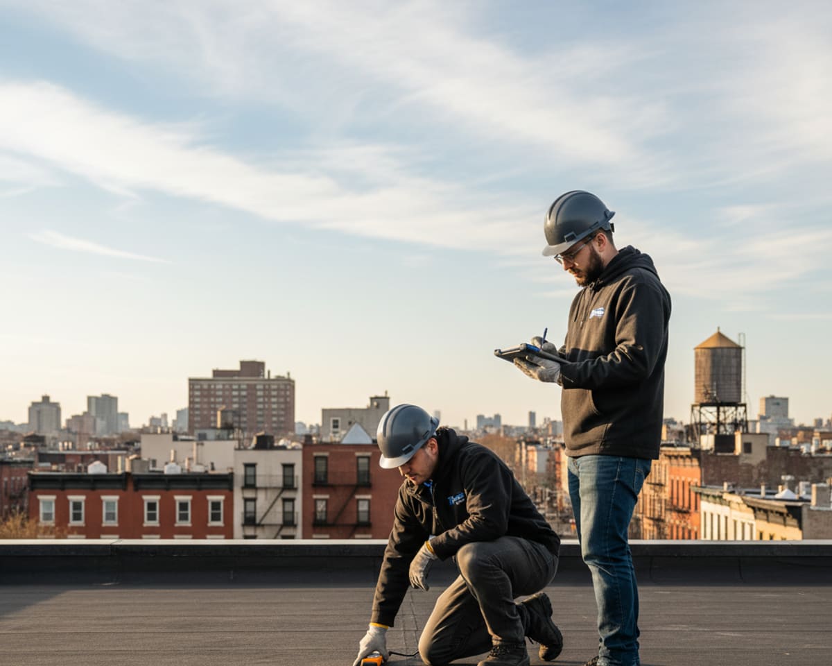 TipTop Roofing crew performing flat roof inspection on a commercial building in Brooklyn