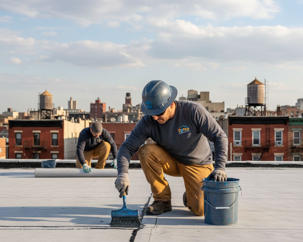 A roofer thoroughly applying sealant to a newly installed flat roof membrane in East Williamsburg.