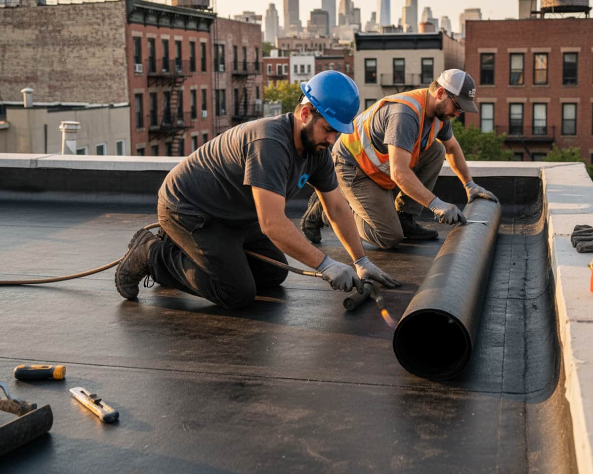 Roofers installing a new flat roof membrane on a residential building in Williamsburg