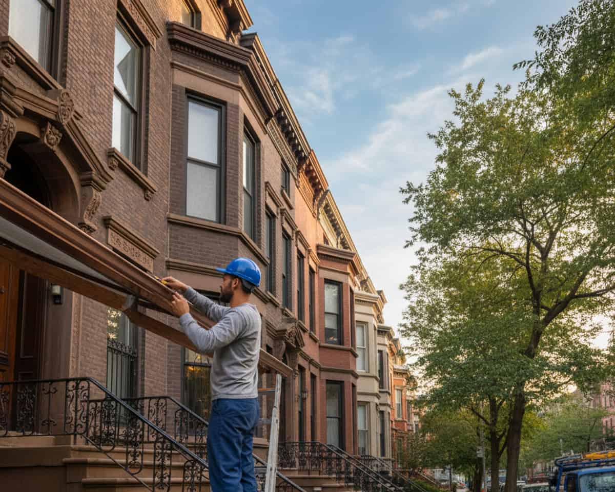 TipTop Roofing technician inspects gutters on a traditional brownstone in Bedford-Stuyvesant for drainage.