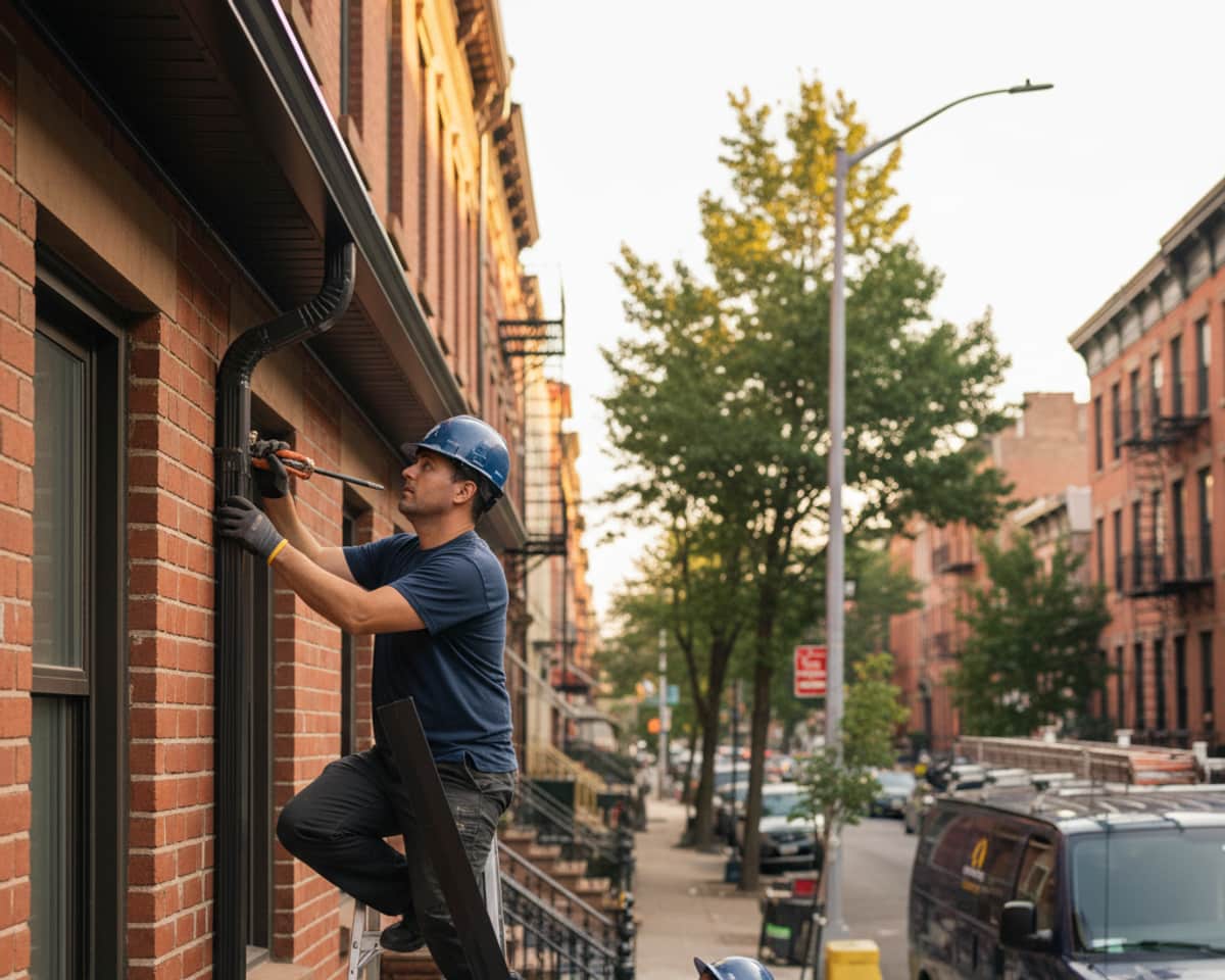 Professional installing a downspout for a new gutter system in a residential area of Brooklyn