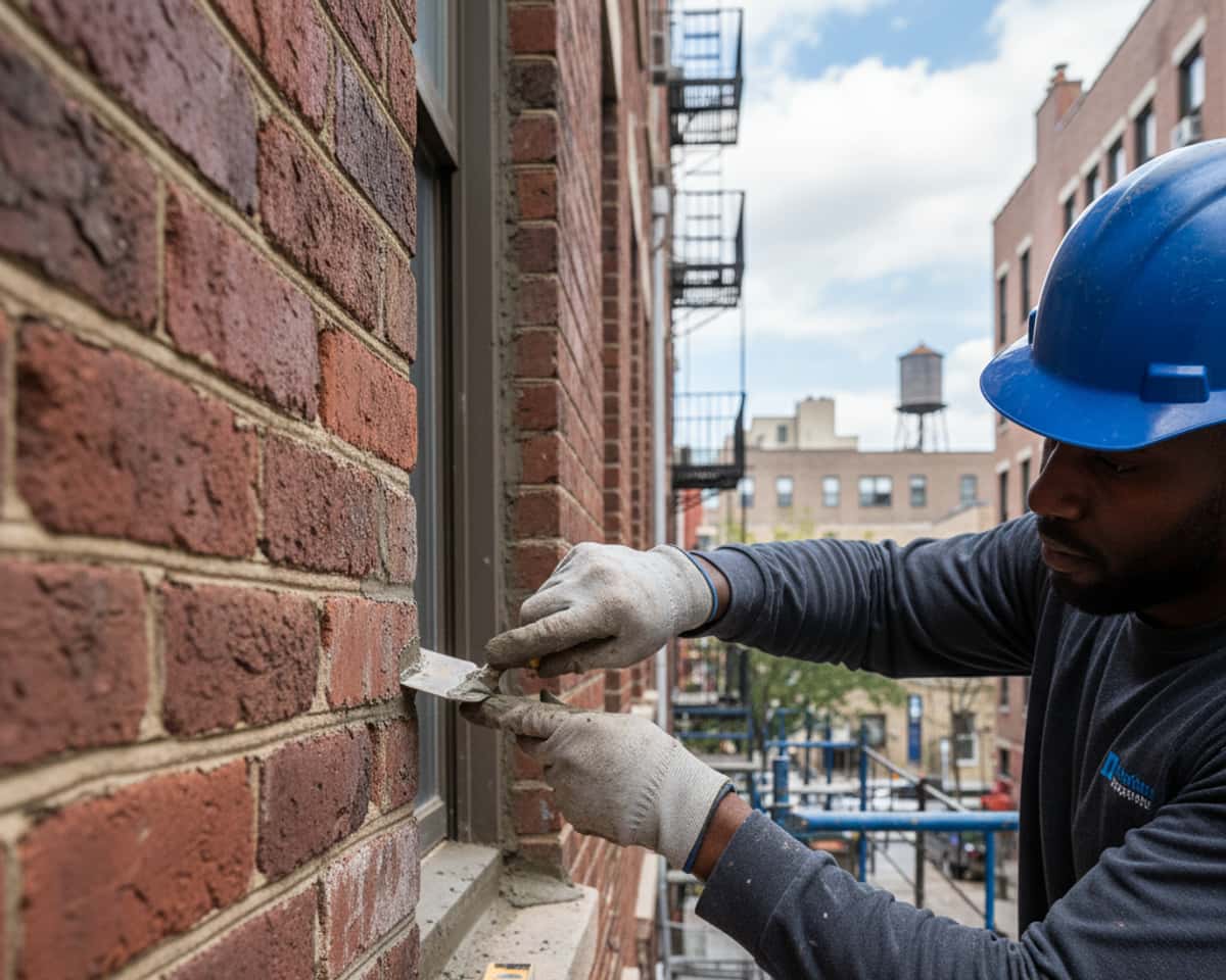 Close-up of a neatly repointed brick wall on an East Williamsburg building