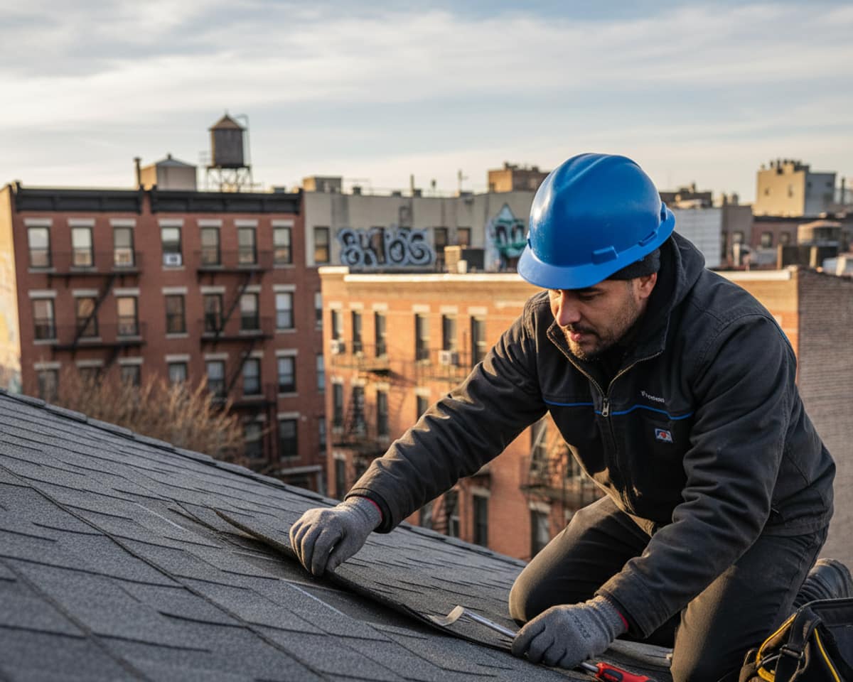 Close-up of a roofer examining shingles on a residential roof in Bushwick for any signs of damage or wear.
