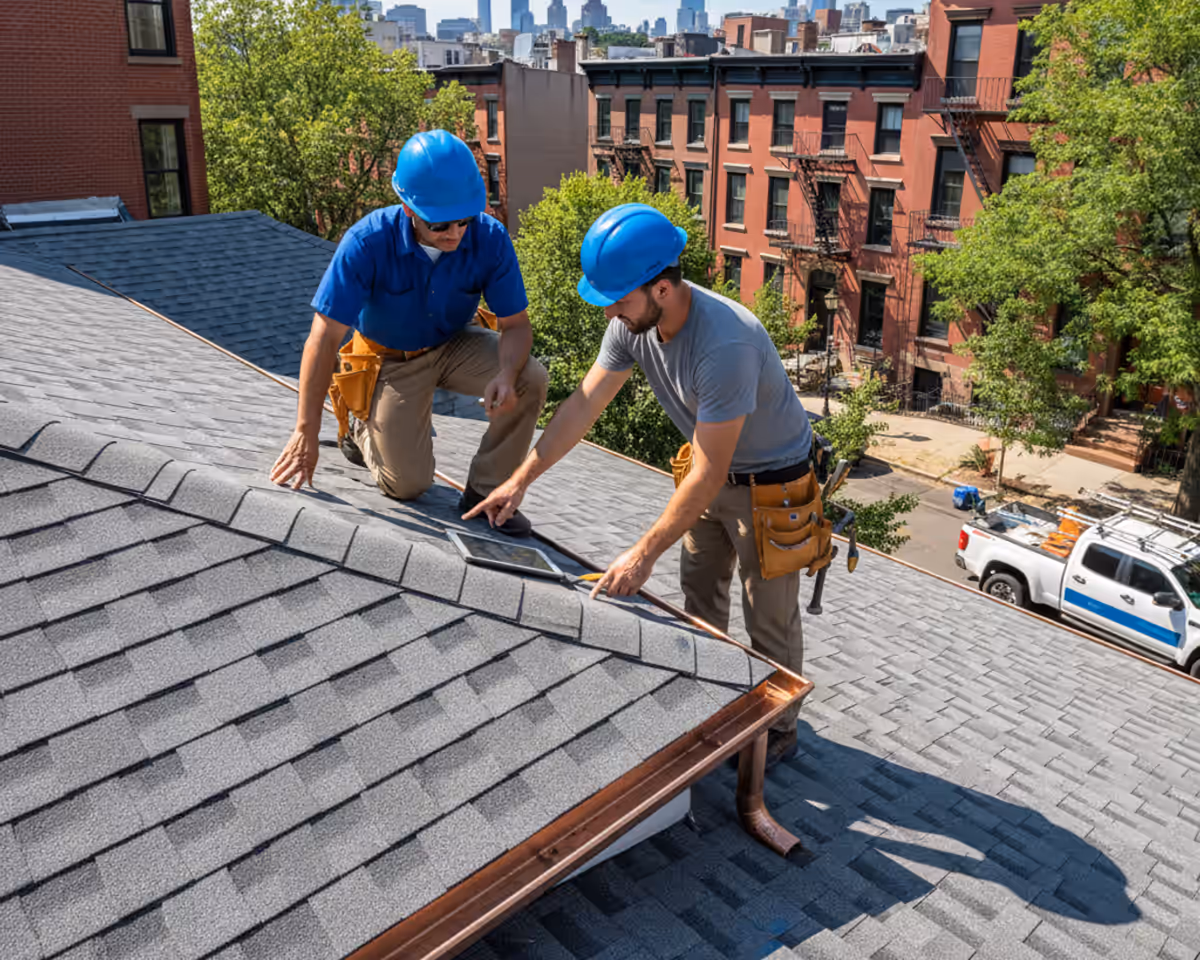 Overhead view of a well-maintained shingle roof in a historic Williamsburg neighborhood, emphasizing property care.