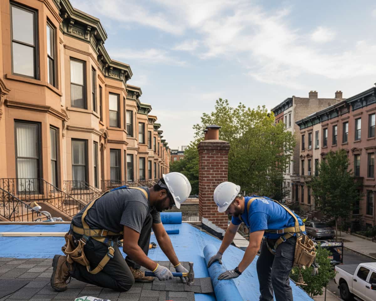 Skilled roofers performing a new roof installation on a residential home in Bedford-Stuyvesant, Brooklyn.