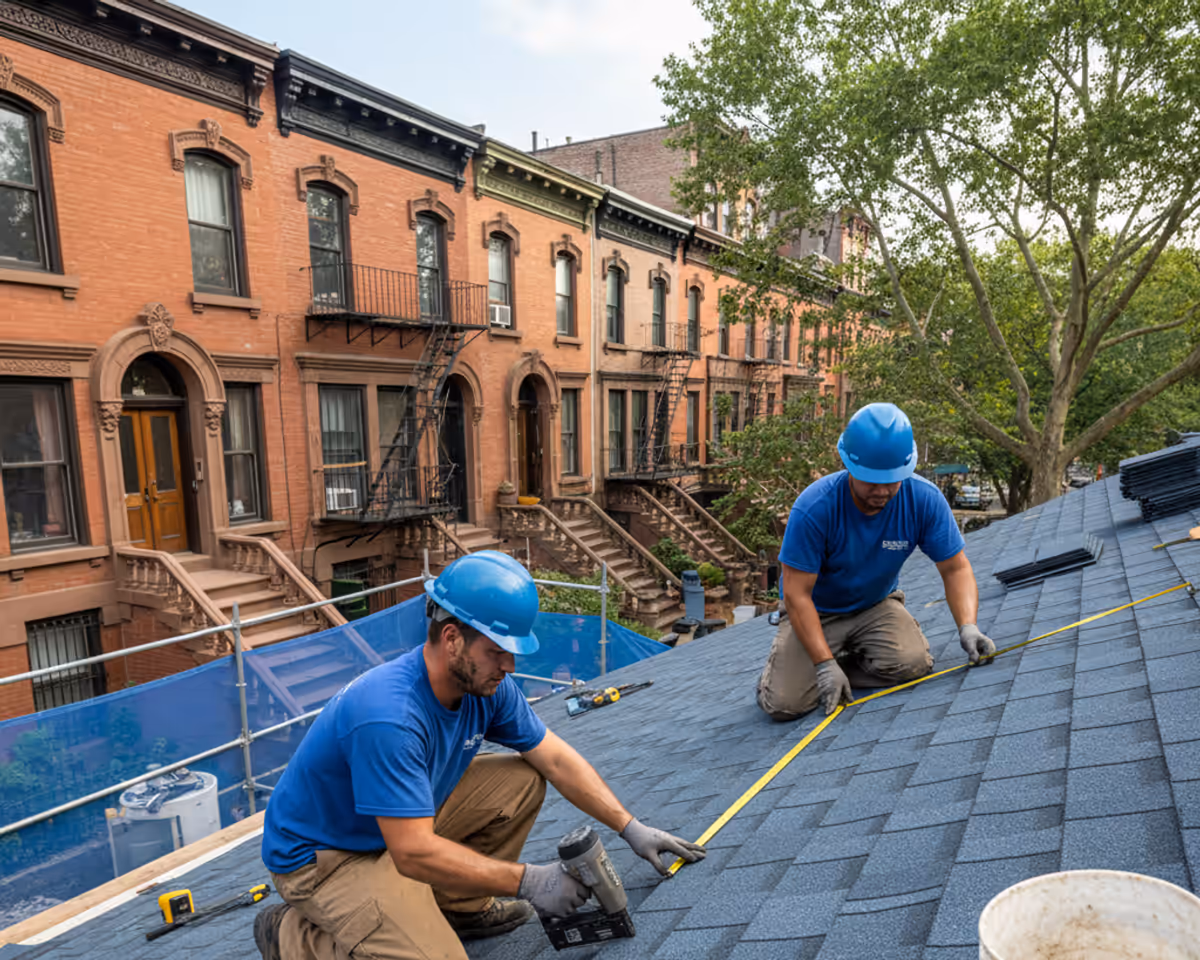 New shingle roof installation on a Brooklyn brownstone, showcasing quality craftsmanship and durable materials.