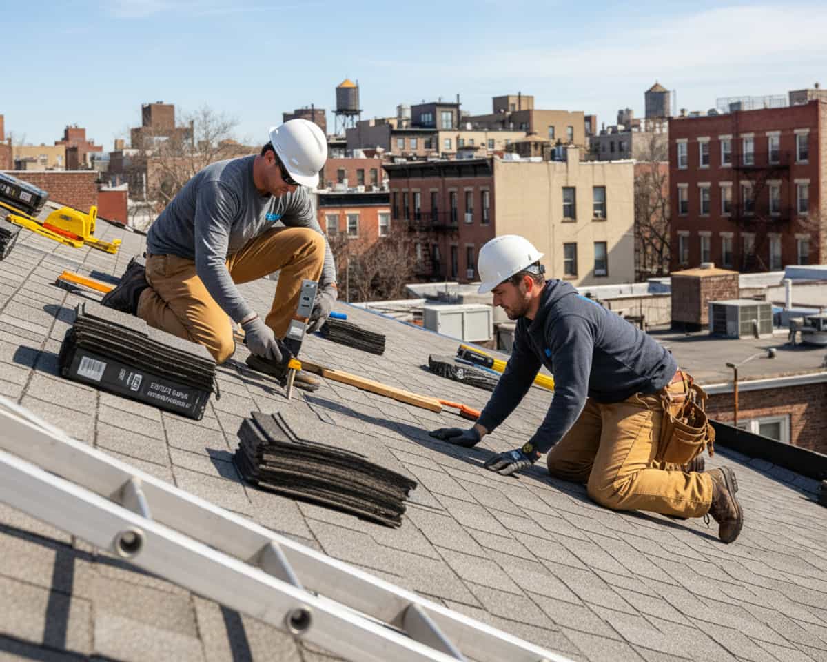 Roofing contractors working on a residential roof in East Williamsburg, Brooklyn.