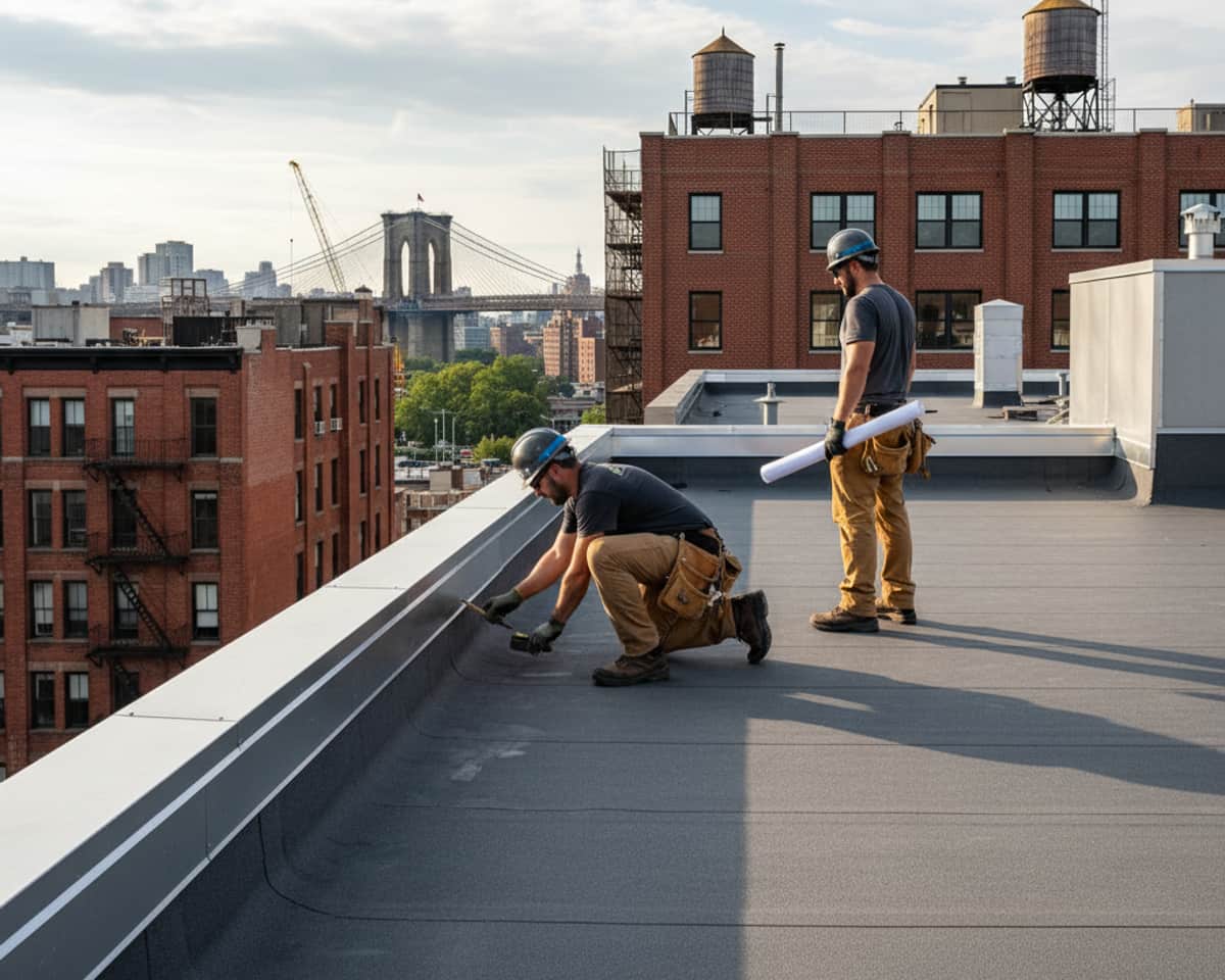 Overview of a completed flat roof installation on a modern building in Williamsburg, showing new materials.