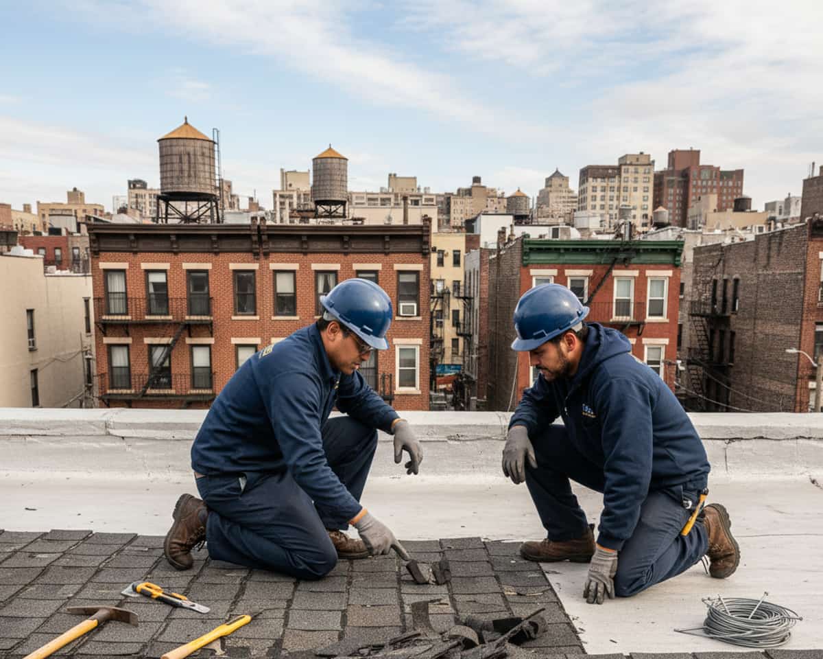 TipTop Roofing expert examining a shingle roof in Bushwick, pointing out repair areas
