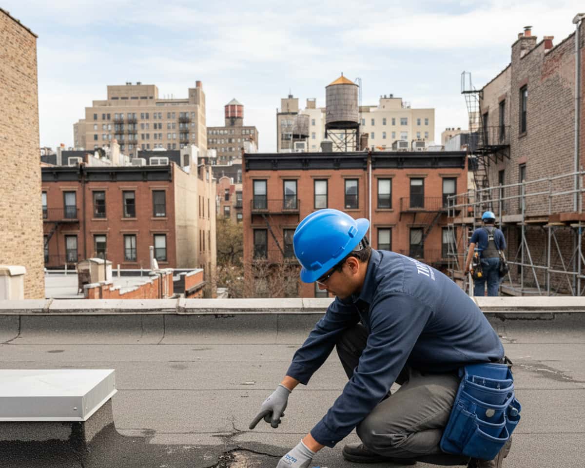 A TipTop Roofing Williamsburg technician inspecting a roof for damage, highlighting attention to detail.