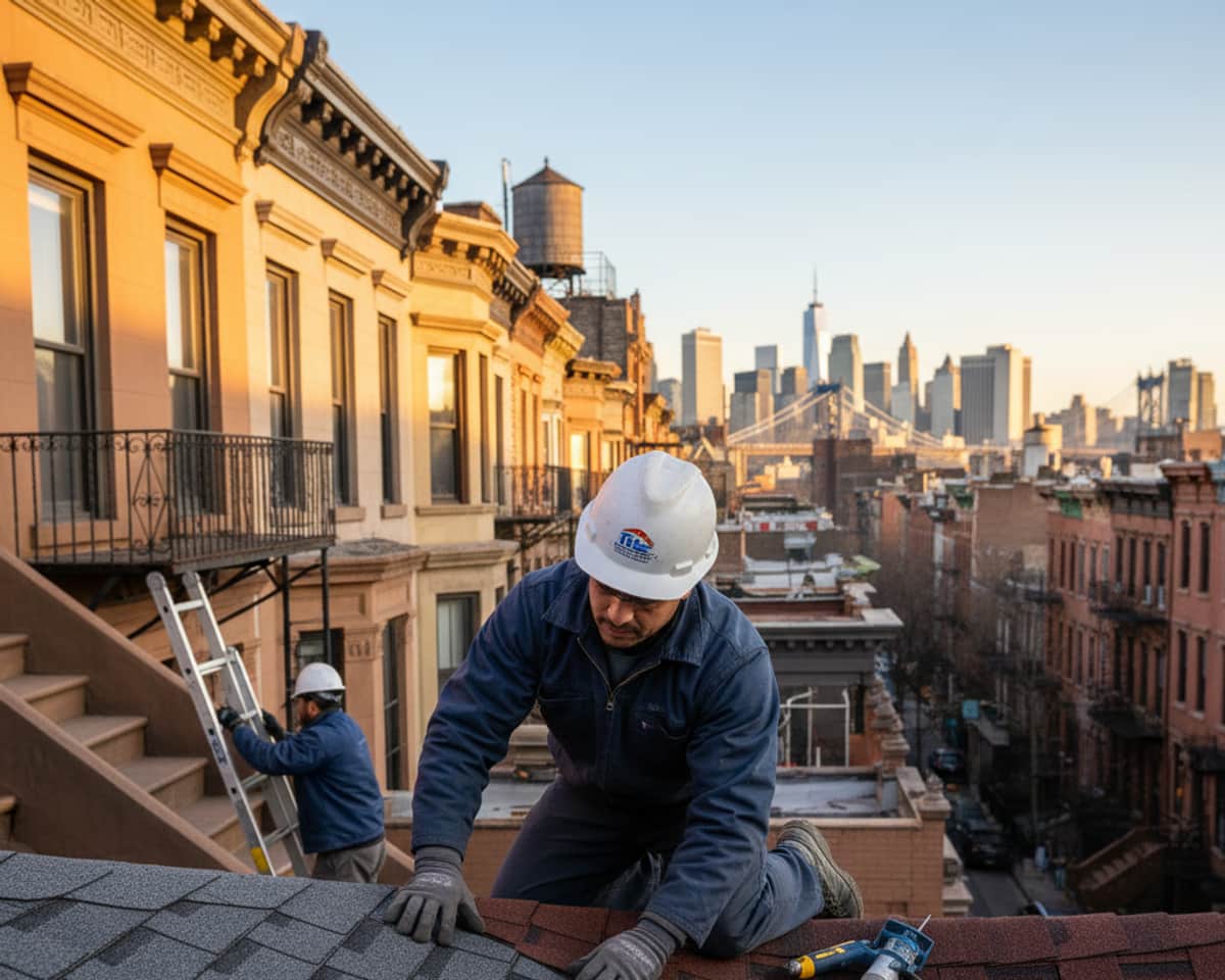 An expert roofer thoroughly inspecting the edge of a shingle roof on a Bed-Stuy brownstone.