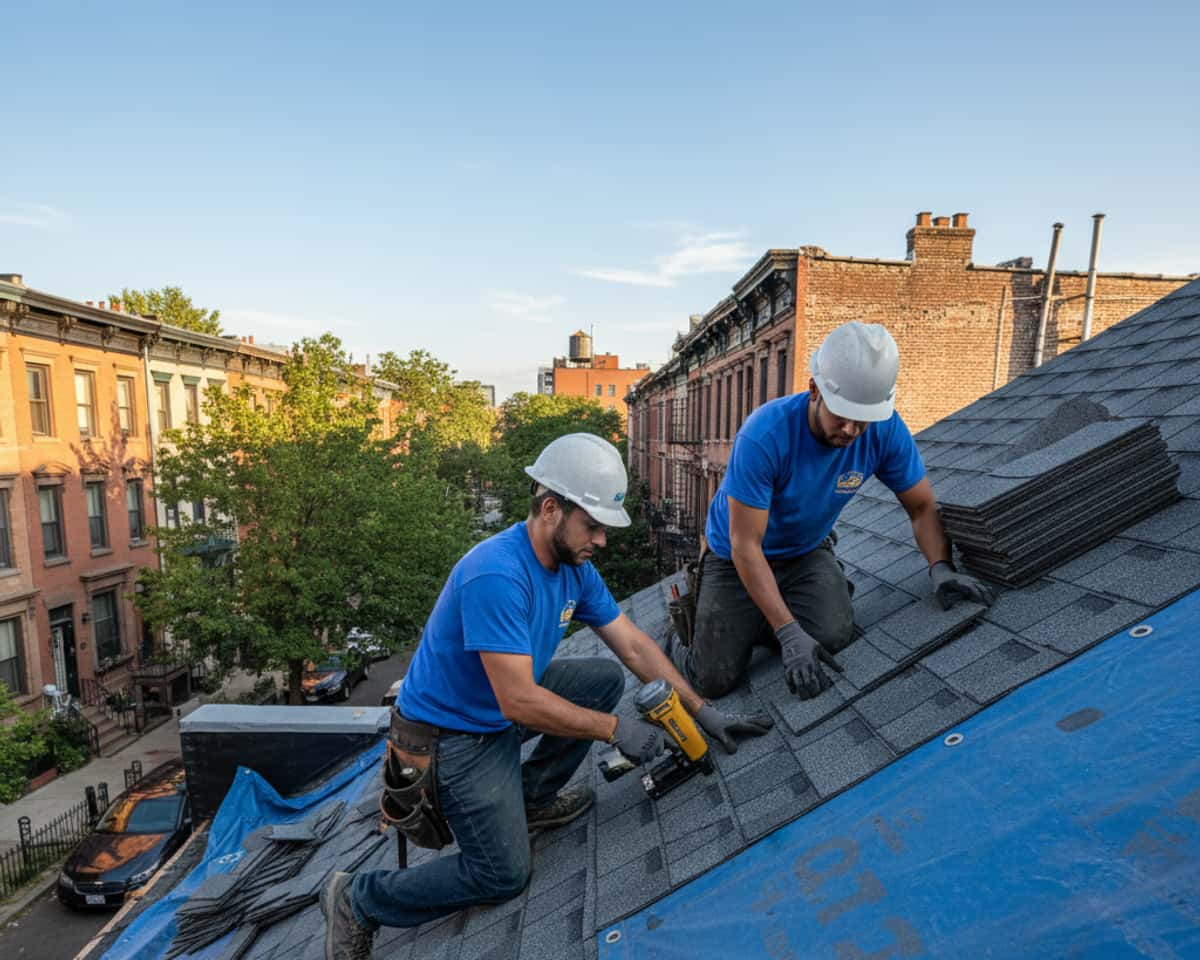 Skilled roofer thoroughly installing new shingle roofing on a residential home in a Brooklyn neighborhood.