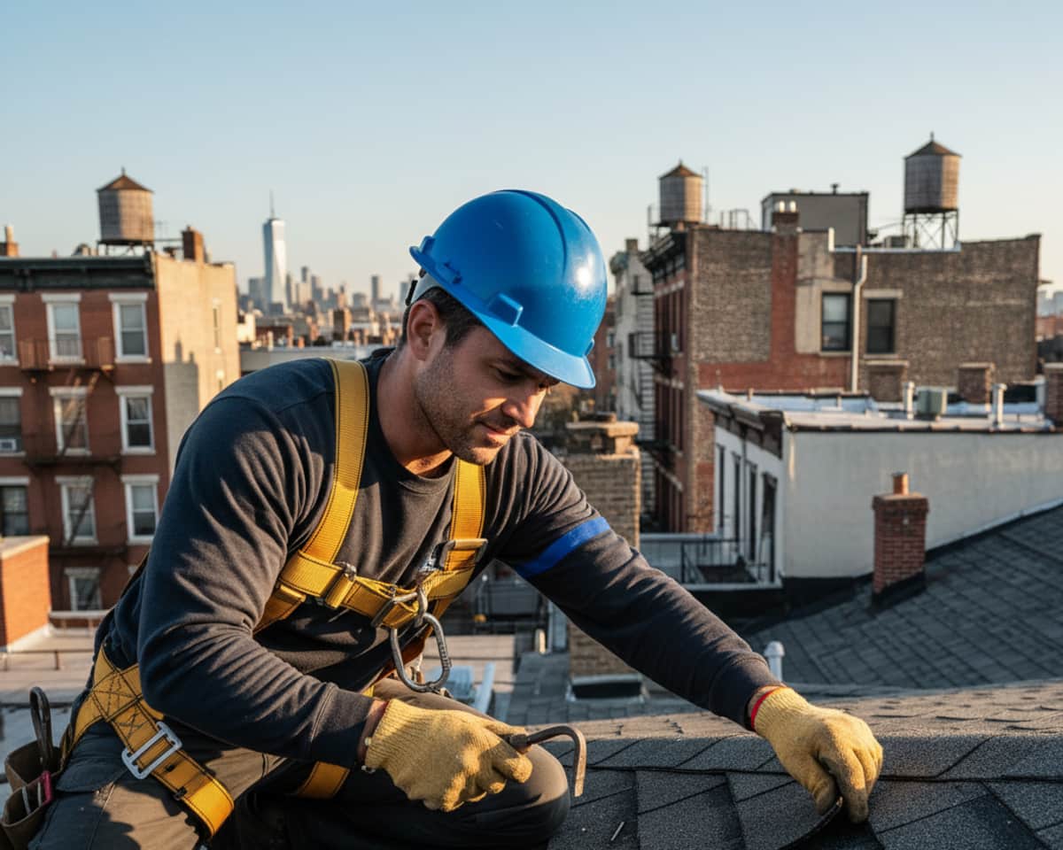 A skilled roofer inspecting a shingle roof in Williamsburg for a roof replacement project.