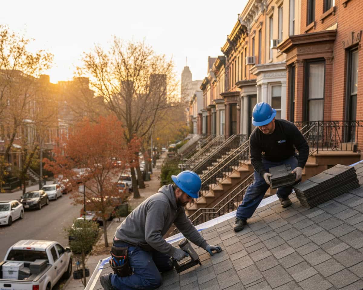 Professional roofers installing asphalt shingles on a residential roof in Bedford-Stuyvesant, Brooklyn.