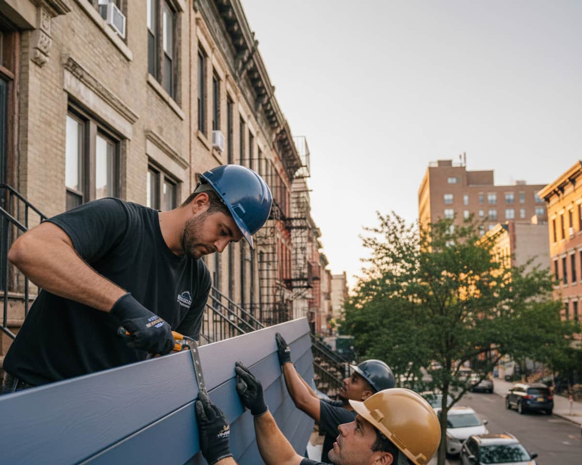 Close-up of a skilled contractor installing durable siding on a home in Bushwick