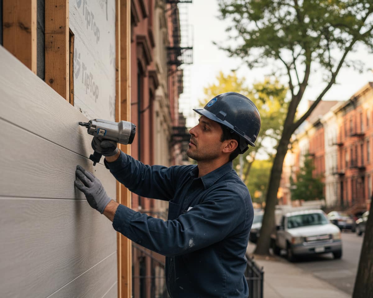 Close-up of a skilled contractor installing durable fiber cement siding on a residential property in Williamsburg.