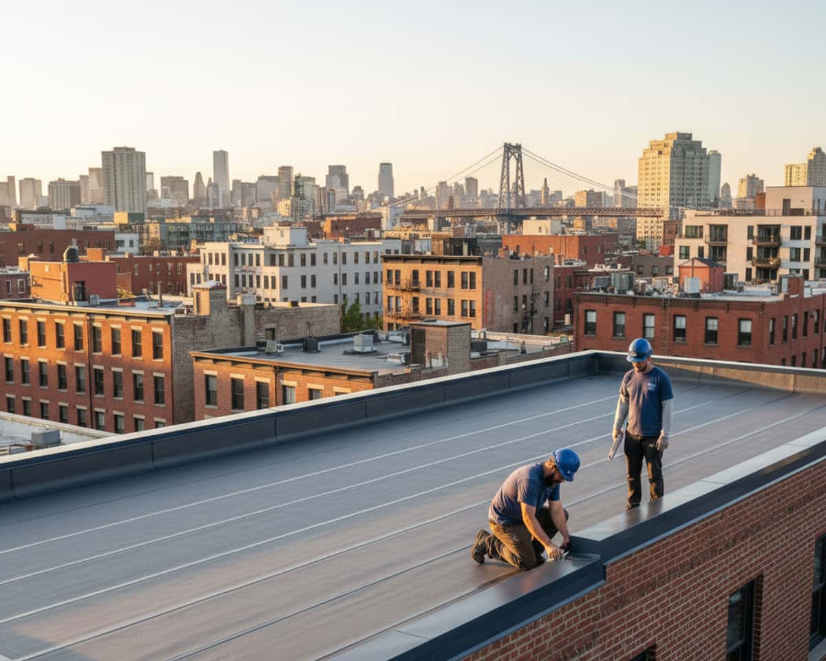 Finished flat roof with new parapet flashing and clean edges in a Williamsburg neighborhood