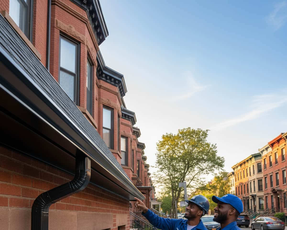 Clean, well-maintained gutters on a Bedford-Stuyvesant residential property, showing TipTop Roofing's...
