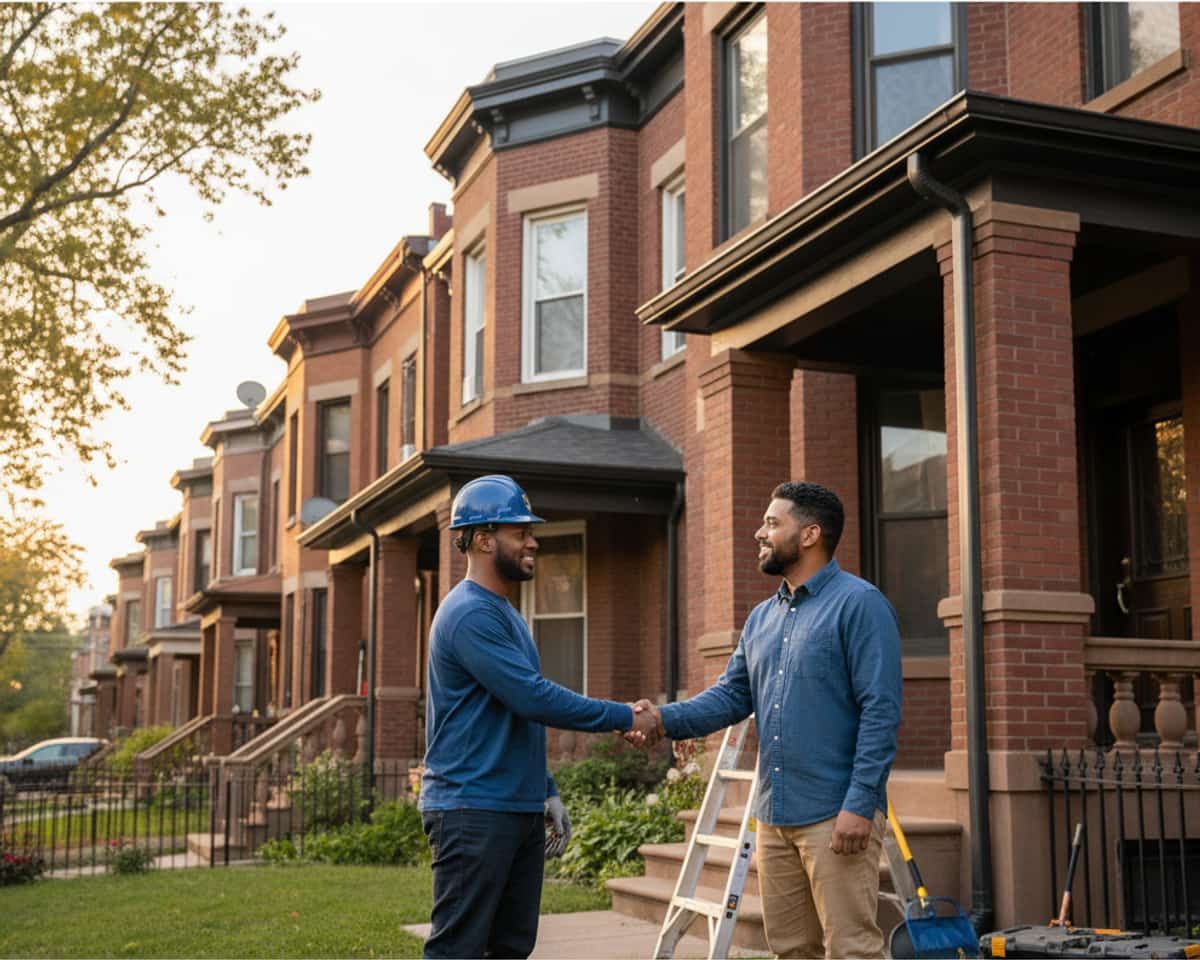 A TipTop Roofing professional shaking hands with a satisfied Brooklyn homeowner after completing gutter service.