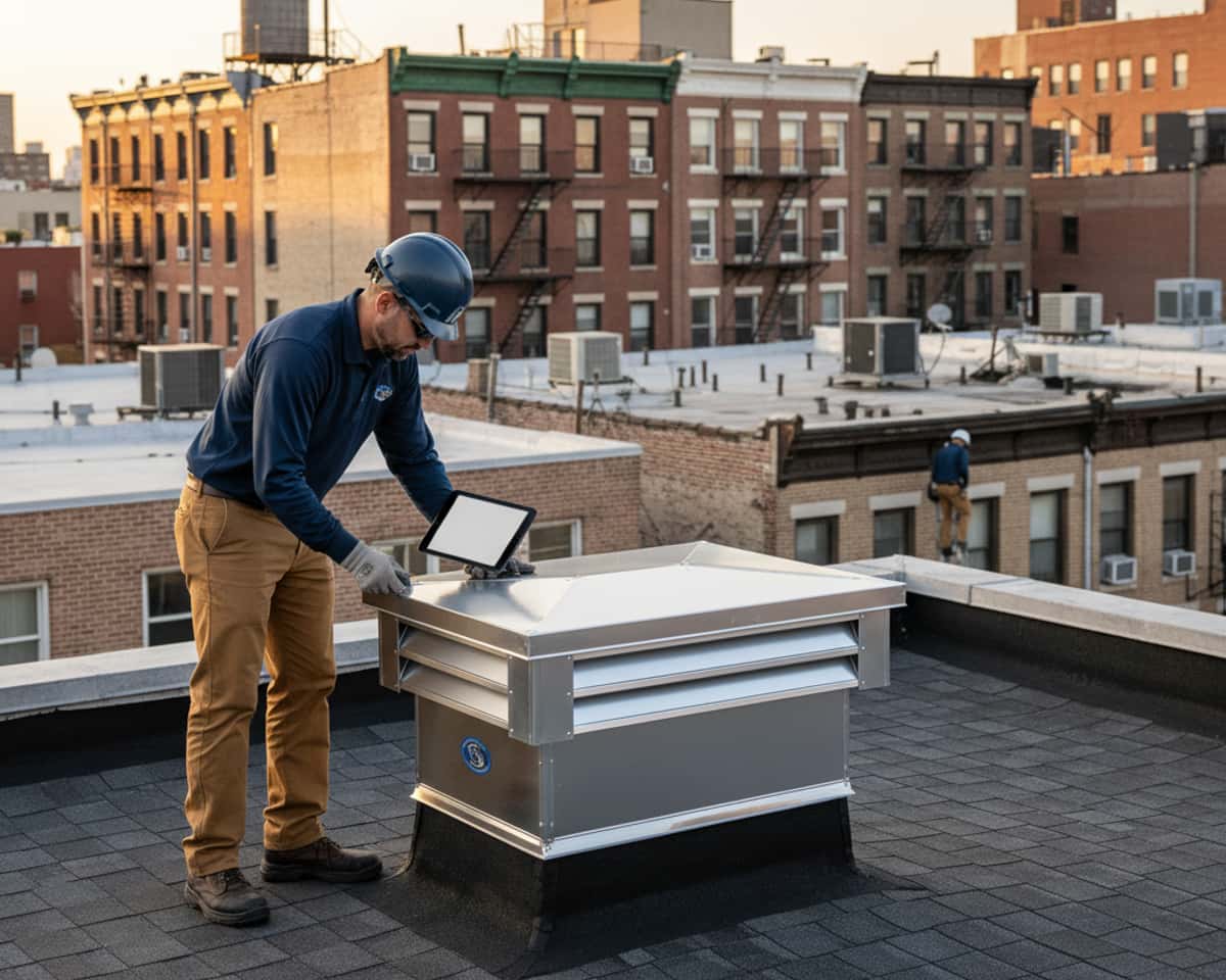 TipTop Roofing Williamsburg technician inspecting a newly installed loft vent on a residential roof
