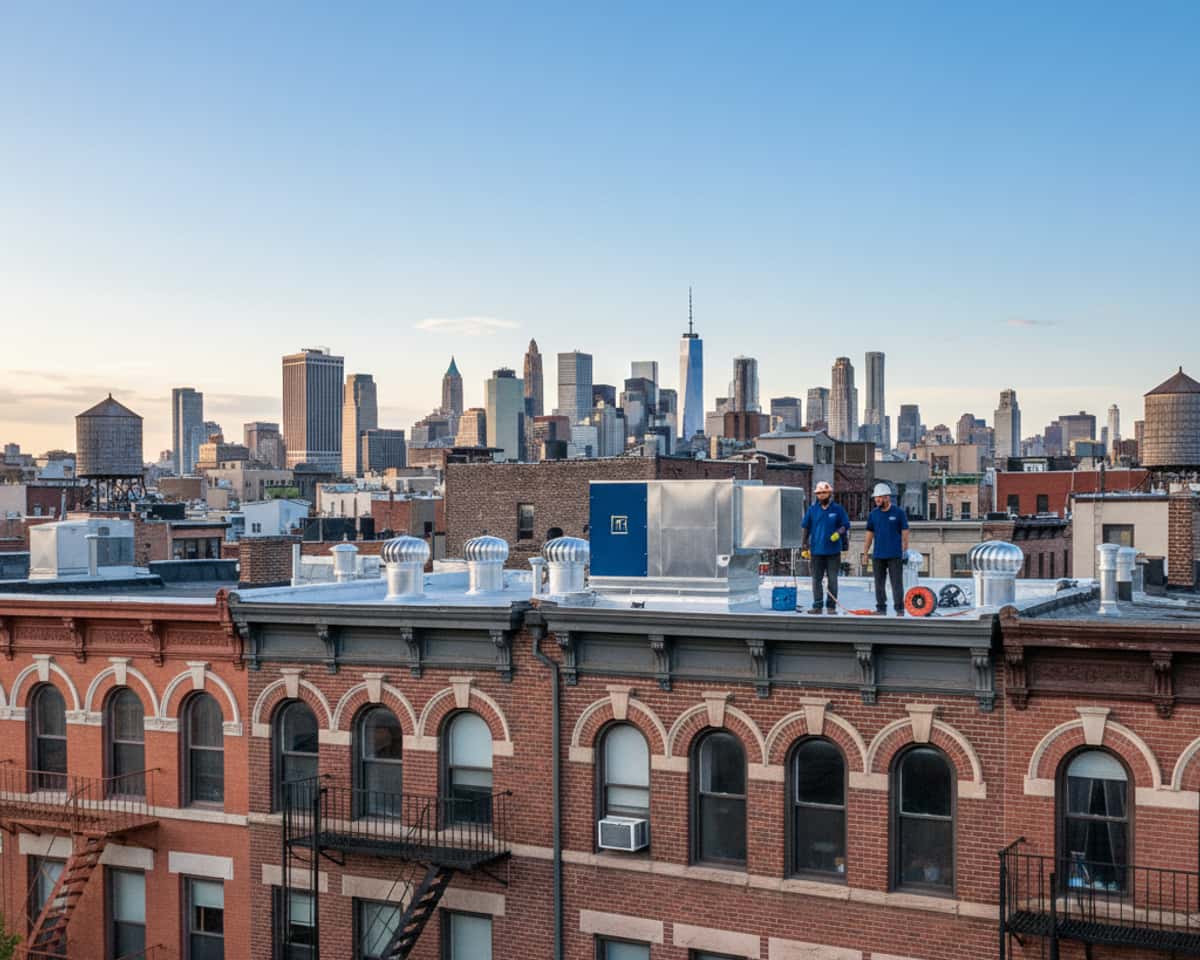 TipTop Roofing Williamsburg crew installing a ventilation system on a residential loft in Greenpoint