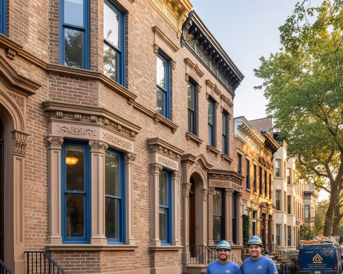 Restored brownstone facade in Bedford-Stuyvesant, showing detailed brick masonry and architectural elements.