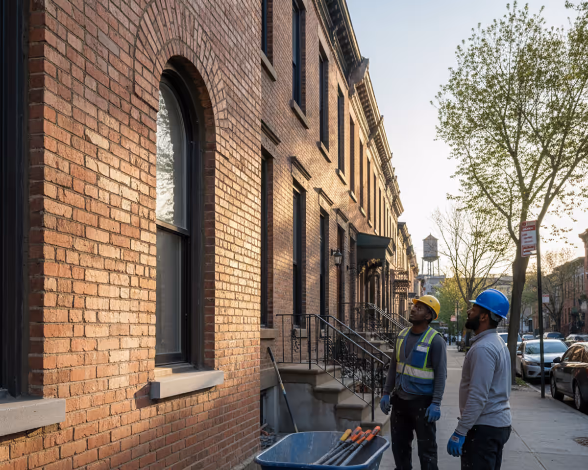 TipTop Roofing crew thoroughly applying mortar during a masonry project in Brooklyn