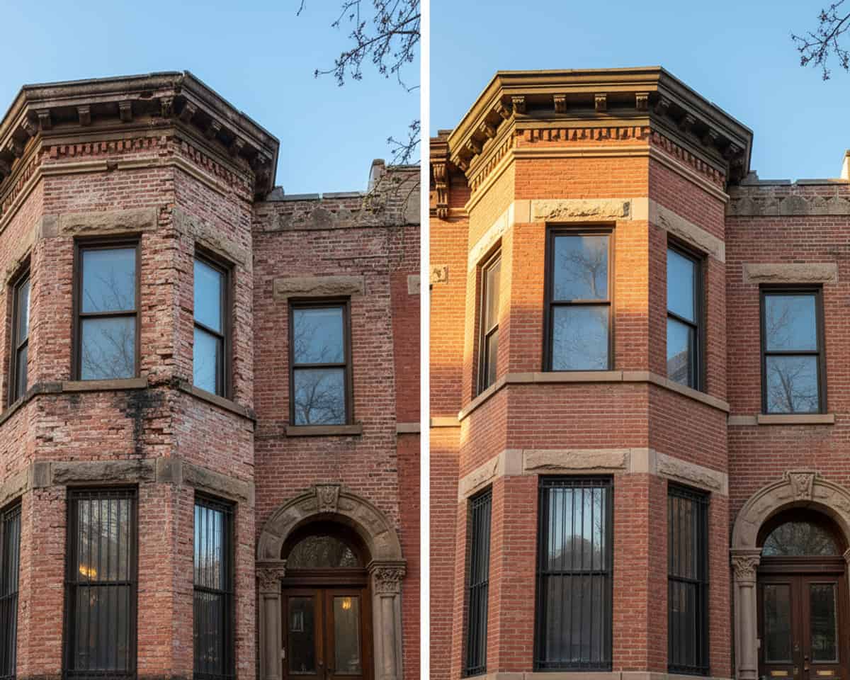 Before and after views of a Greenpoint brownstone facade, showing significant improvement after masonry repair.