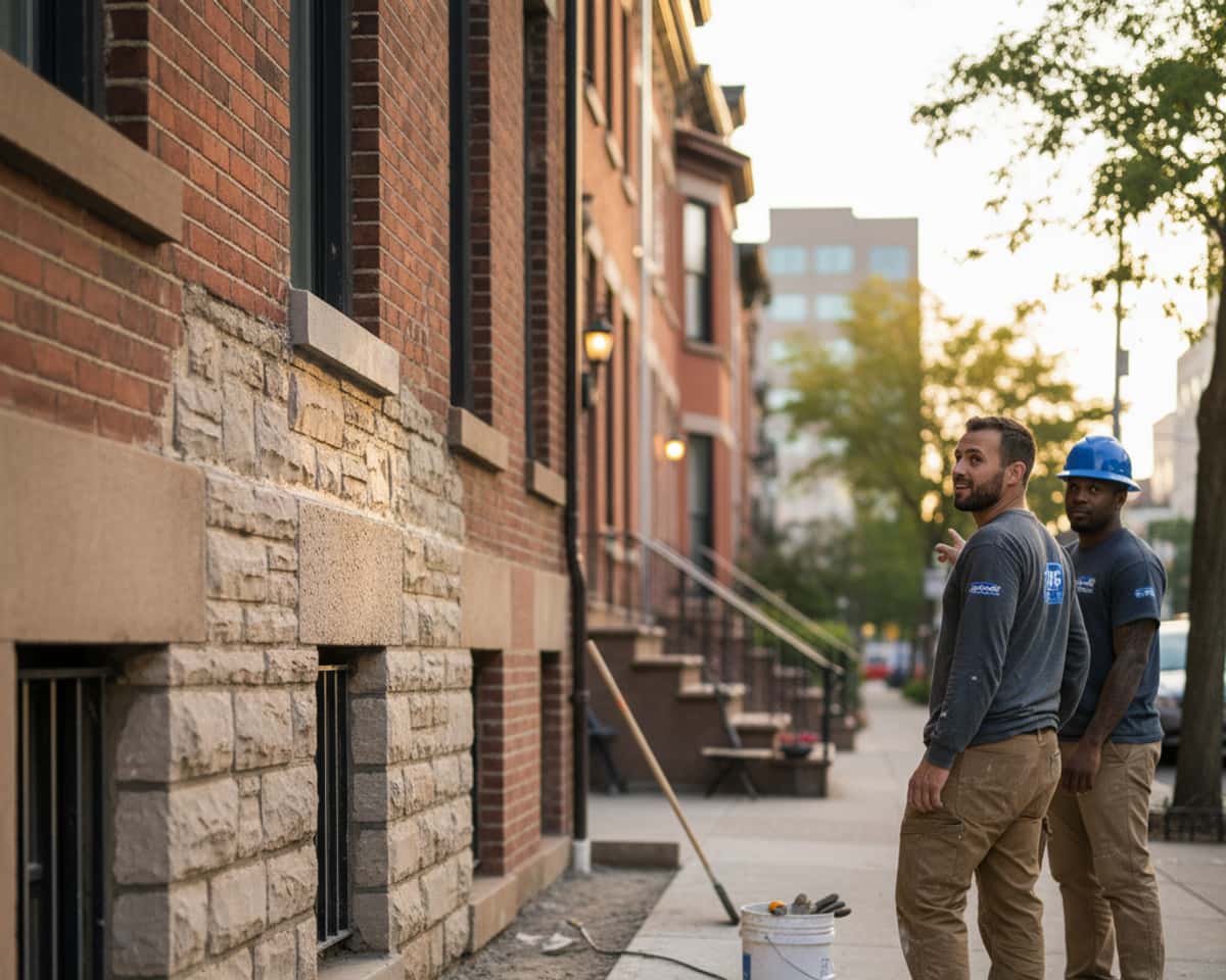 Skilled craftsmen carefully restoring a stone wall, demonstrating quality masonry in Williamsburg.