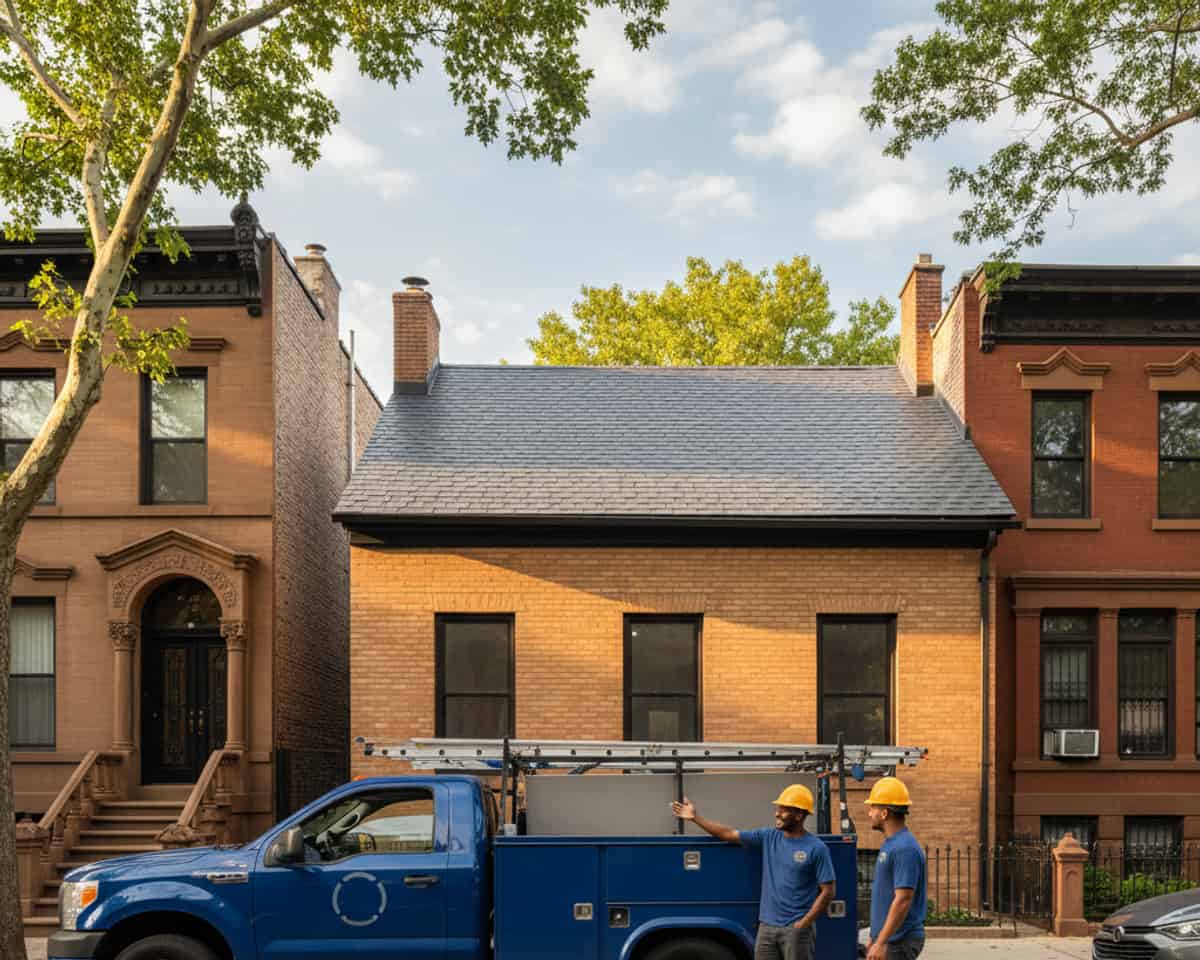 TipTop Roofing Williamsburg truck parked in front of a recently inspected home in Bedford-Stuyvesant, Brooklyn.