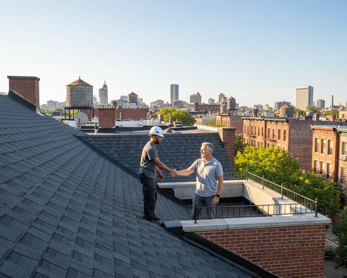 TipTop Roofing Williamsburg team members smiling and shaking hands with a happy client by a recently inspected...