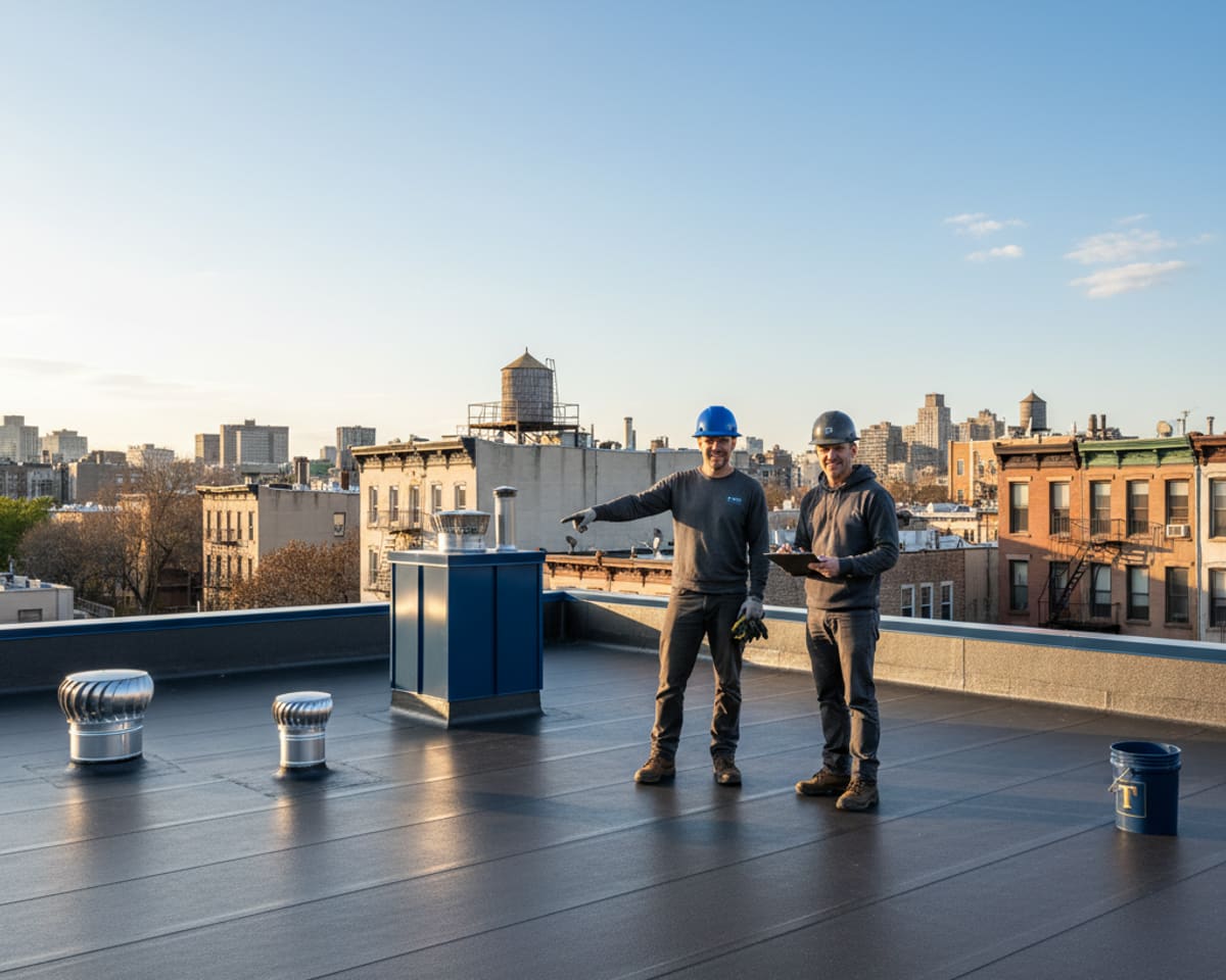 Finished flat roof installation on a modern building in Bedford-Stuyvesant, showcasing quality workmanship.