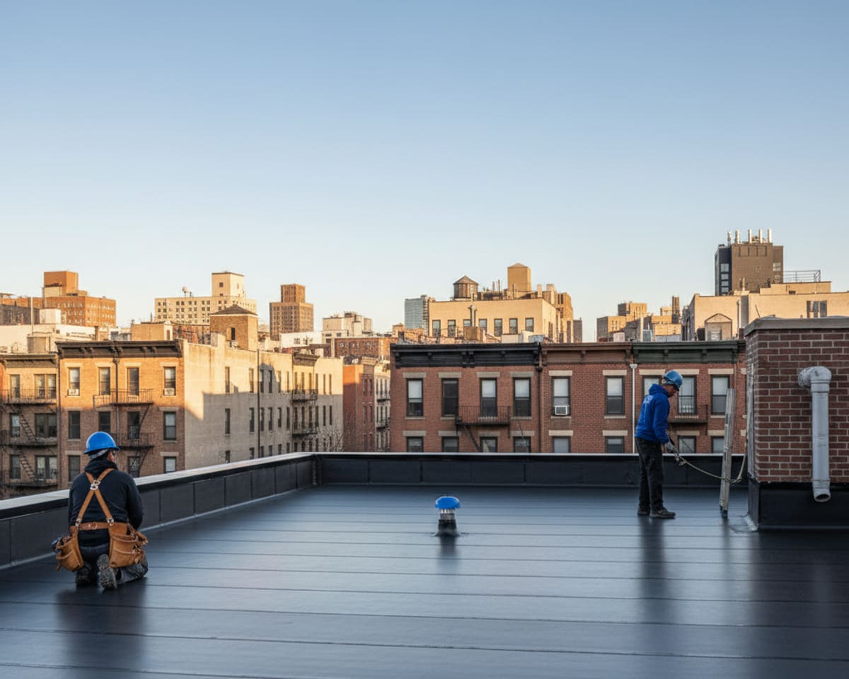 Close-up of a newly installed flat roofing system on a commercial building in Williamsburg, Brooklyn.