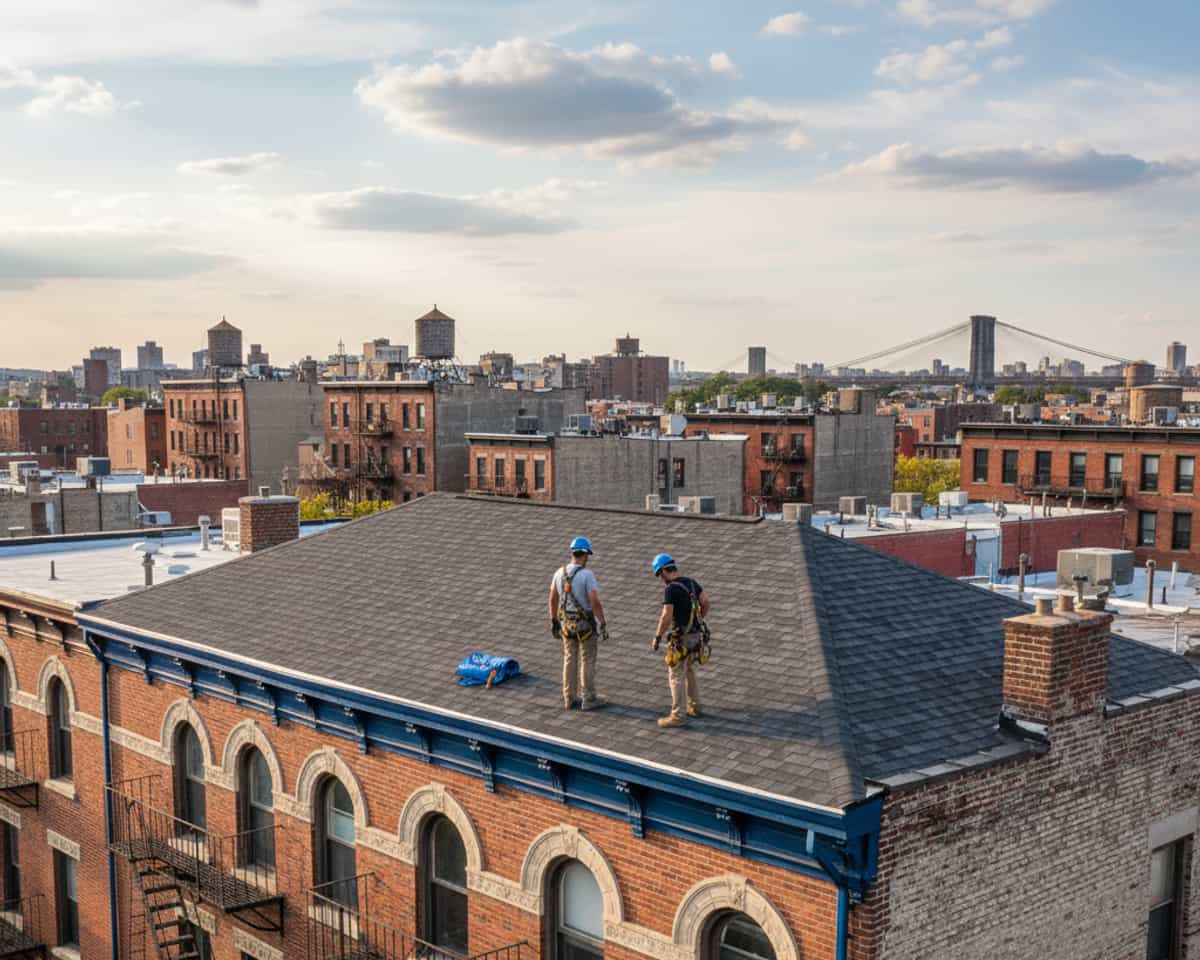 Completed shingle roof installation on a multi-story building in East Williamsburg.
