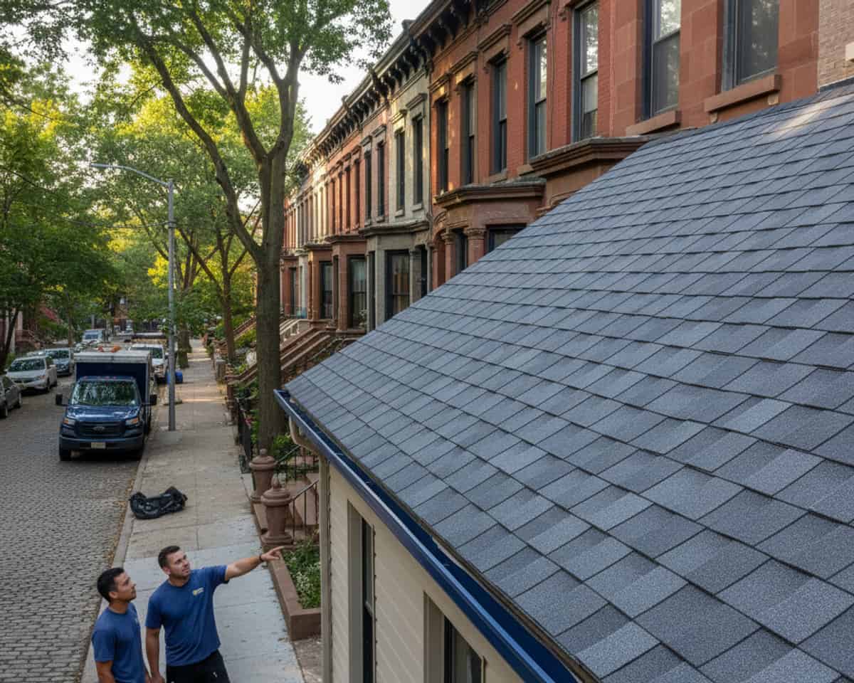 Completed high-quality shingle roof repair project on a Brooklyn home, showing attention to detail.