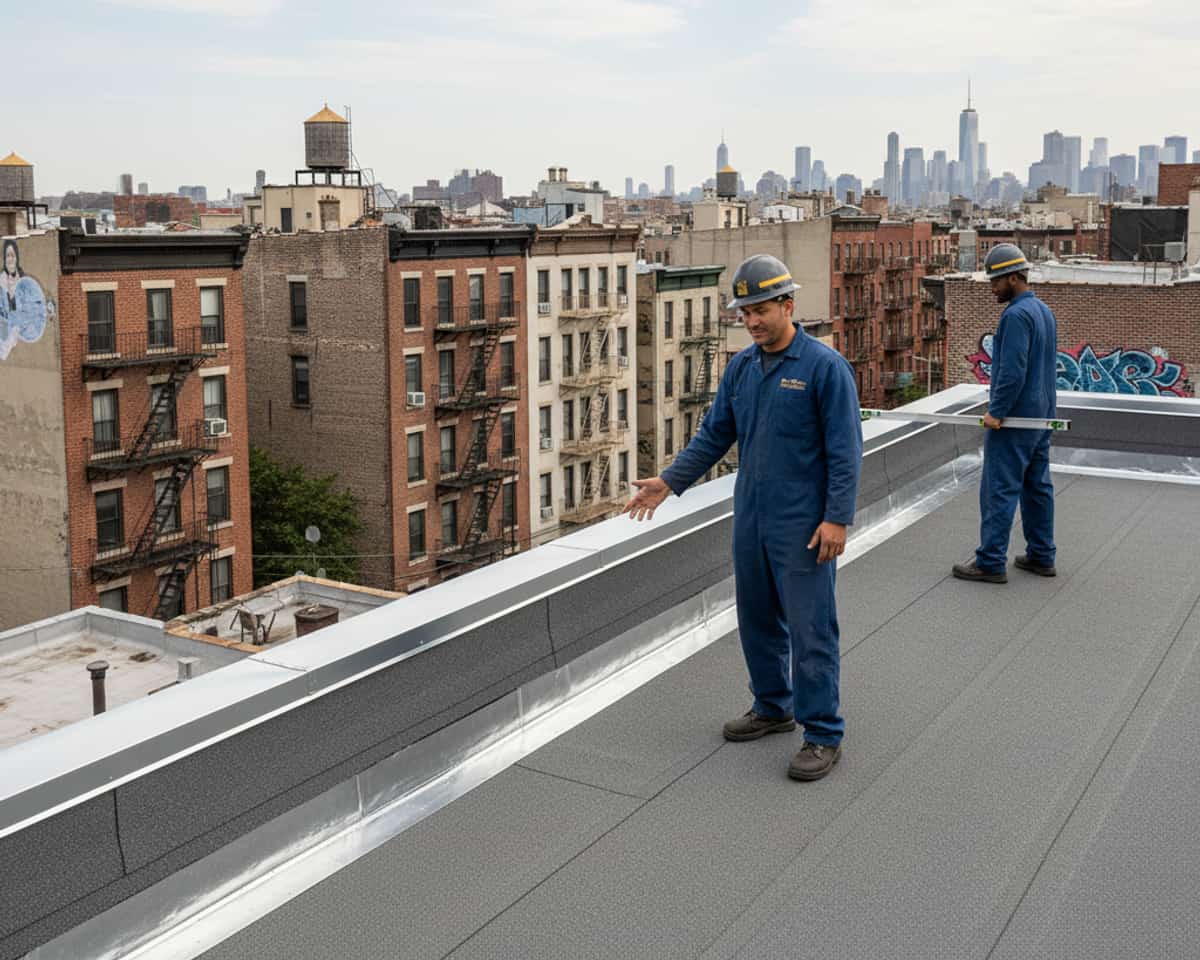 Completed flat roof repair on a residential building in Bushwick with new flashing visible