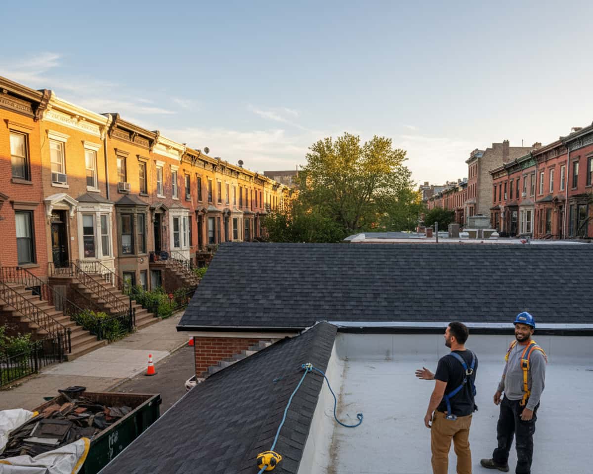 A clean and organized work site during a roof replacement, with safety measures in place in Bedford-Stuyvesant.
