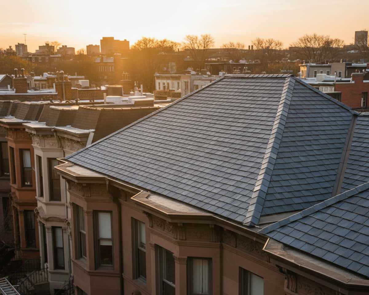 Close-up of high-quality shingle roofing installed by TipTop Roofing on a Bushwick home, showcasing craftsmanship.