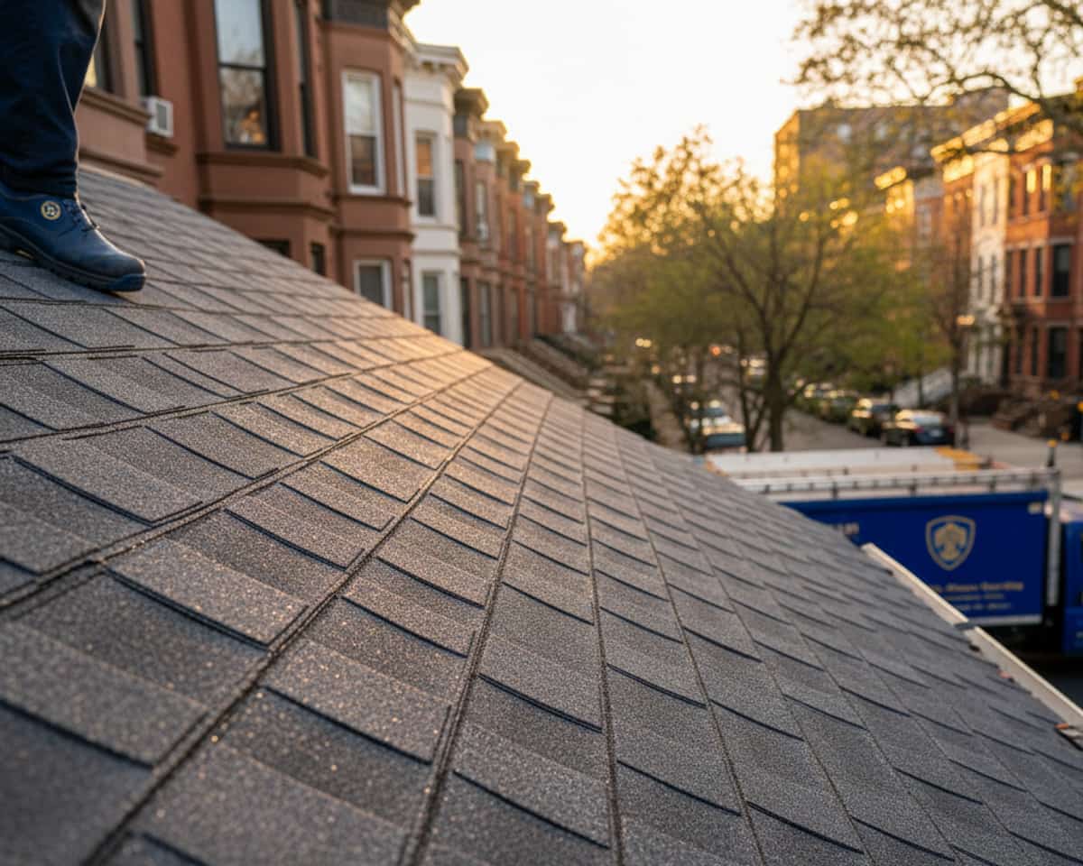 Close-up of newly installed dark gray asphalt shingles, showing high-quality weather protection.