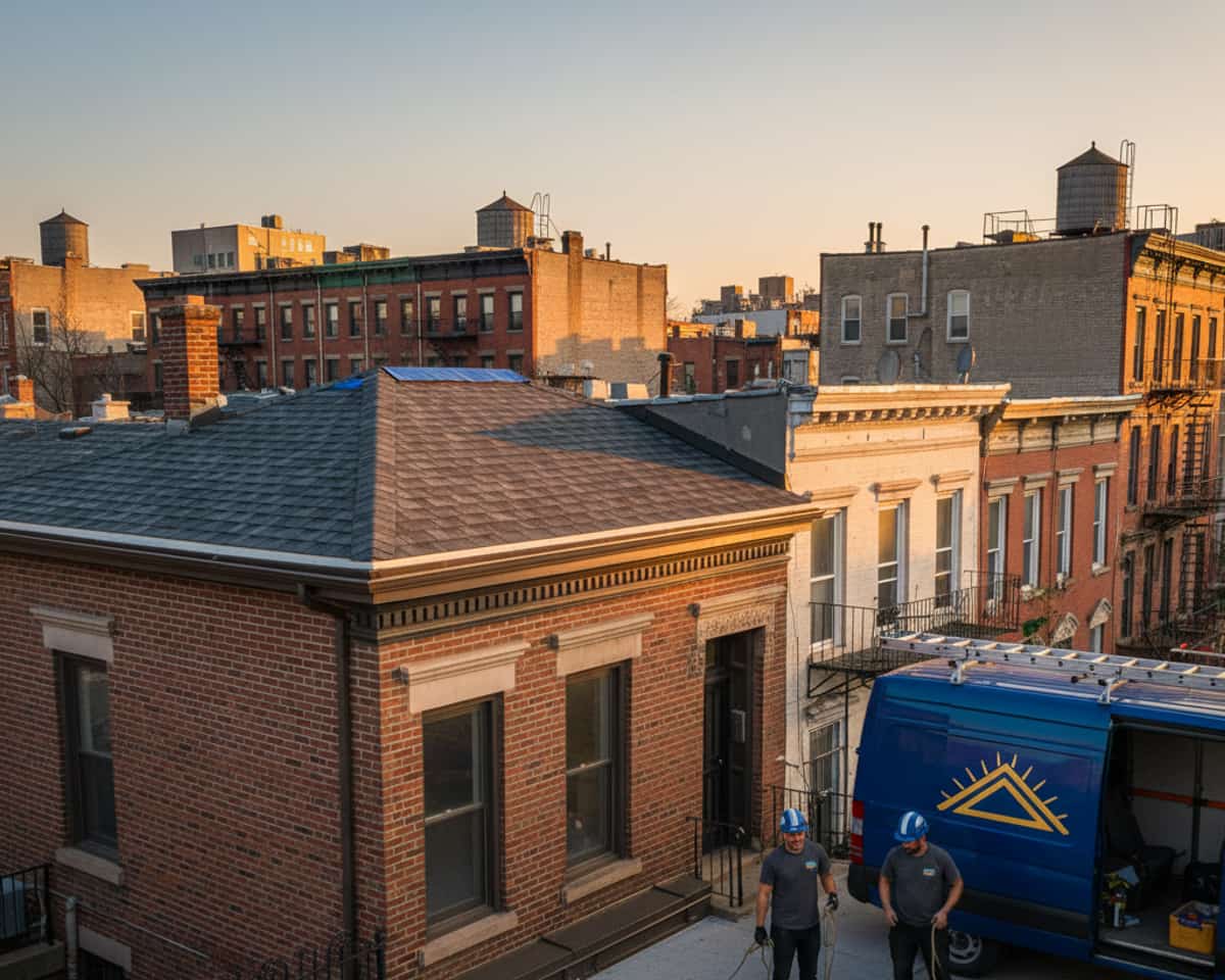 Skilled roofing crew completing a shingle roof replacement project in a Bushwick neighborhood.