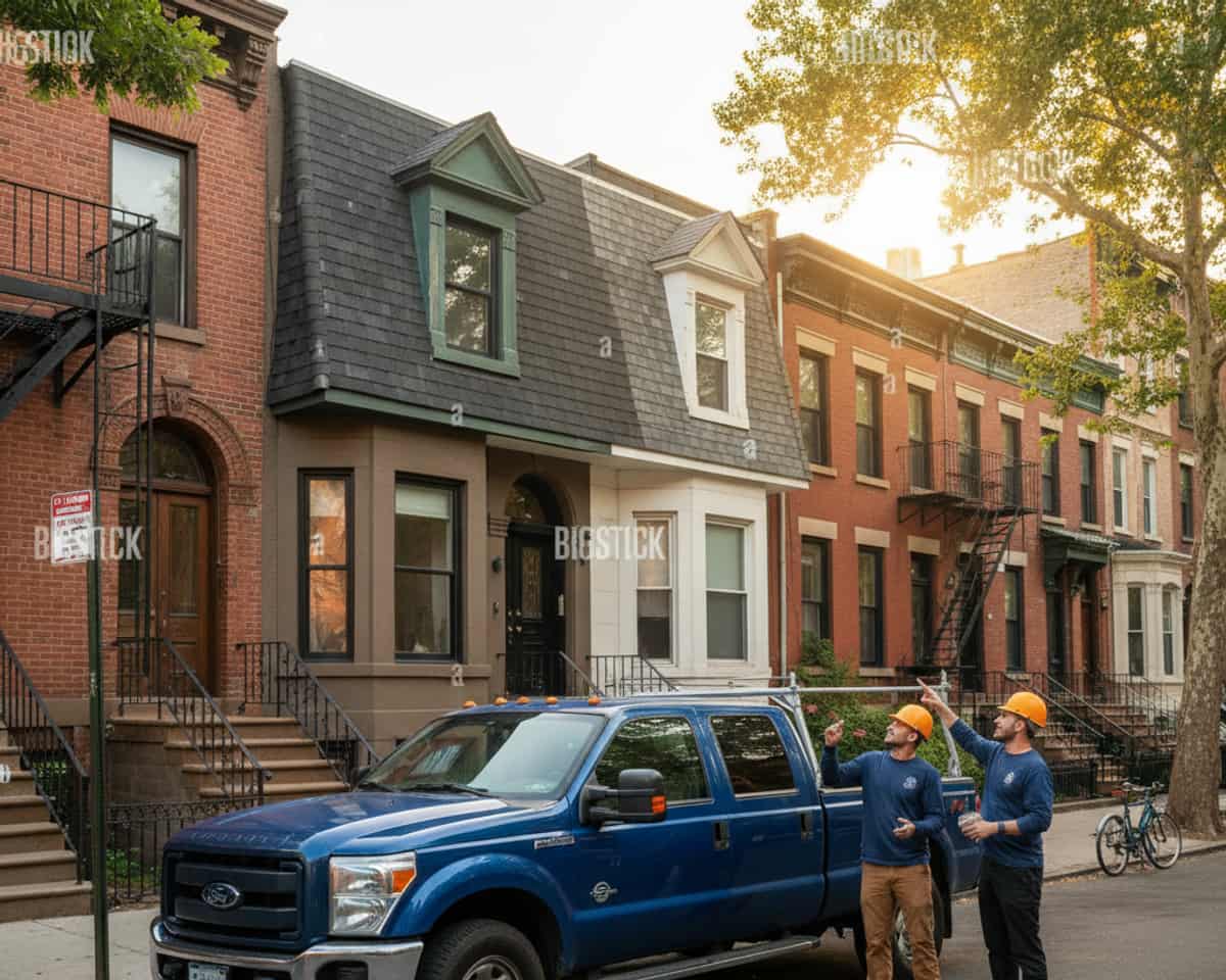 TipTop Roofing truck at a Greenpoint home with a newly completed shingle roof, showcasing a successful project.
