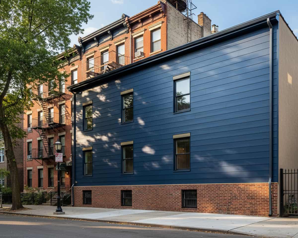 TipTop Roofing Williamsburg team members installing new siding panels on a residential building in Greenpoint.