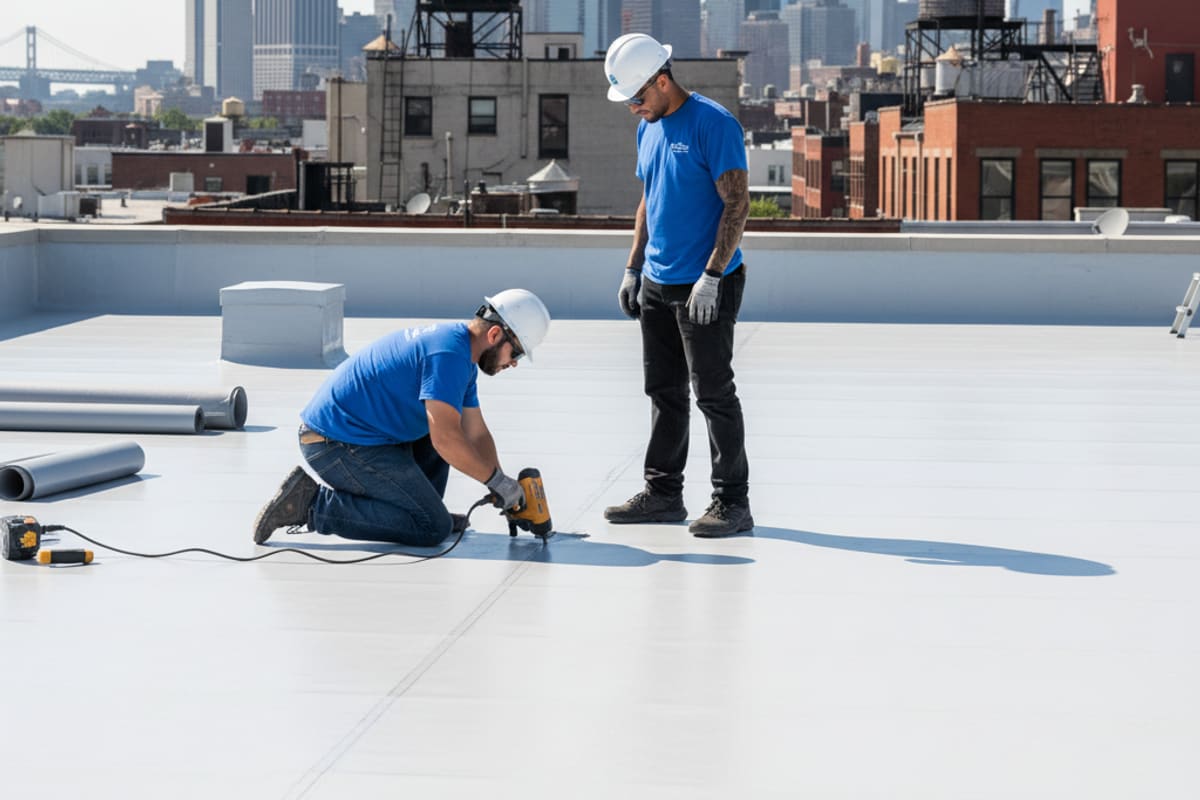 Close-up of a smooth, durable TPO flat roofing system, demonstrating a crisp, clean finish after installation.
