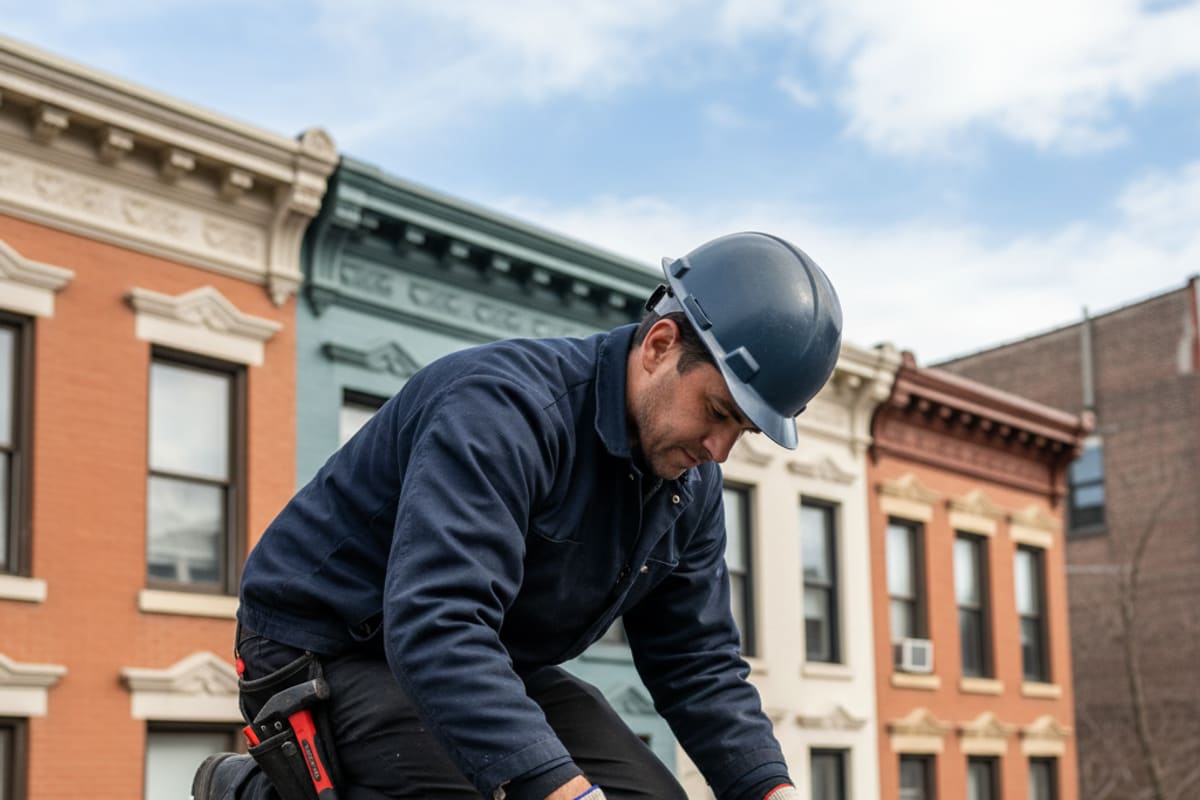 Close-up of a roofer performing shingle repair on a damaged residential roof section, ensuring thorough work.